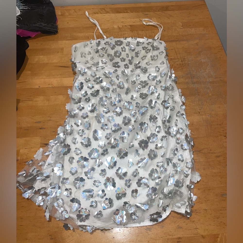 Storia white and silver metallic flower mini dress